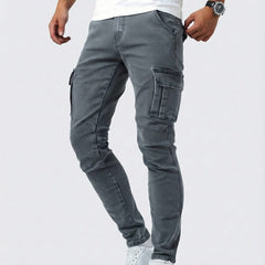 Men's dark grey cargo trousers with side cargo pockets and ankle cuffs