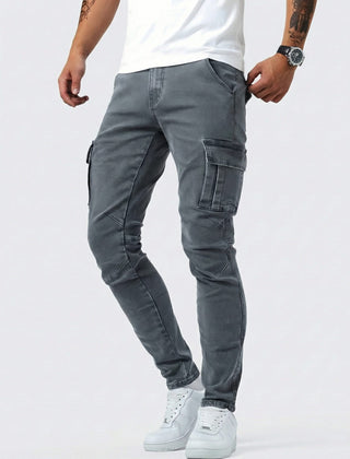 Men's dark grey cargo trousers with side cargo pockets and ankle cuffs