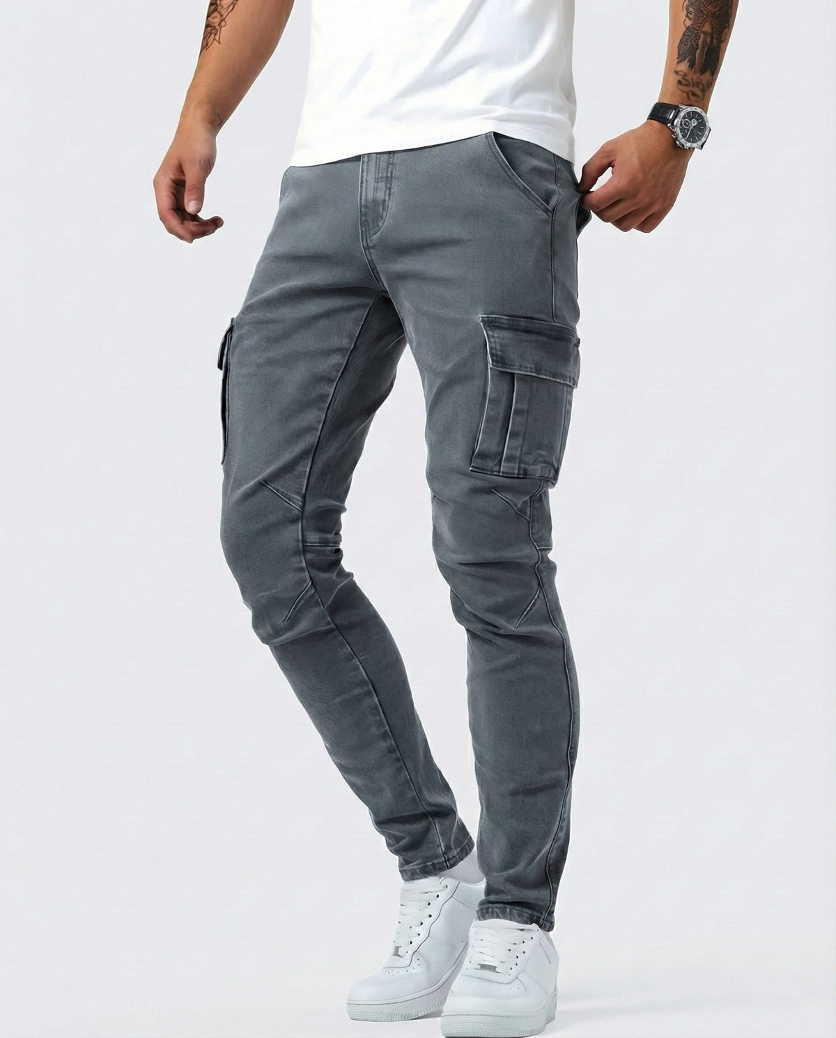 Men's dark grey cargo trousers with side cargo pockets and ankle cuffs