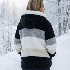 Colourblock plush jacket with hood, dark body and light gray horizontal stripes