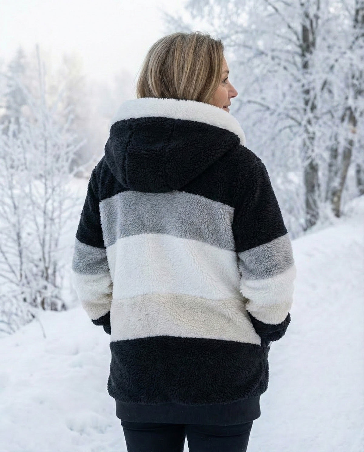 Colourblock plush jacket with hood, dark body and light gray horizontal stripes