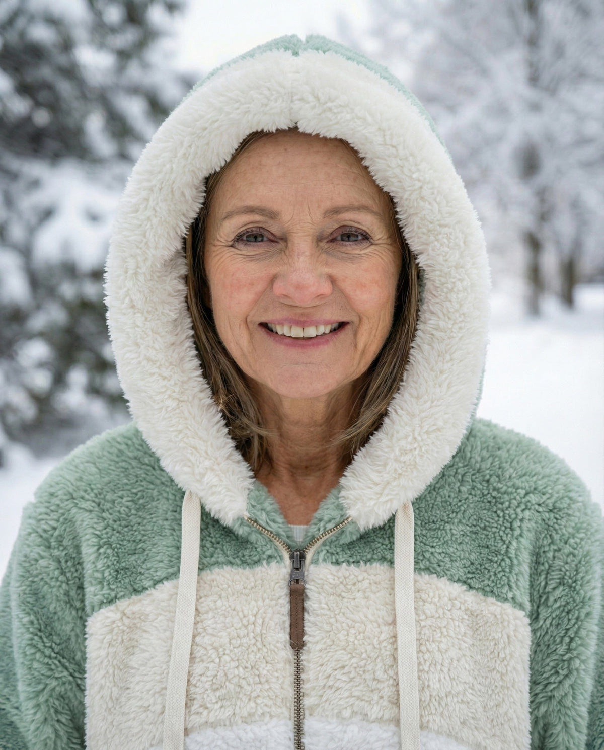 Close-up of plush hooded colorblock jacket in sage green and cream with zip front
