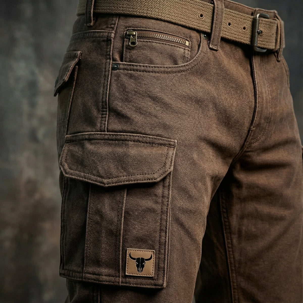 Dark brown utility pants close-up: side cargo pocket with snap and stitching