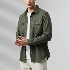 Green canvas overshirt with button front and two chest pockets