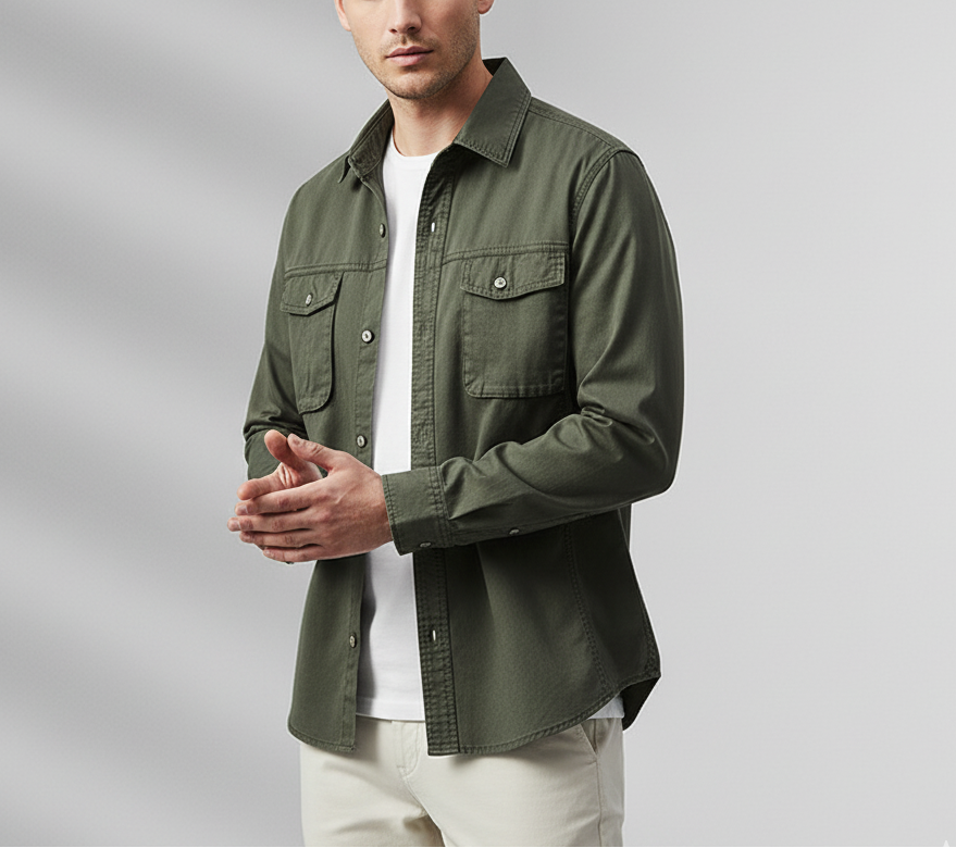 Green canvas overshirt with button front and two chest pockets