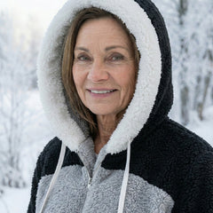 Colourblock plush jacket in dark and light gray with sherpa hood and drawstring