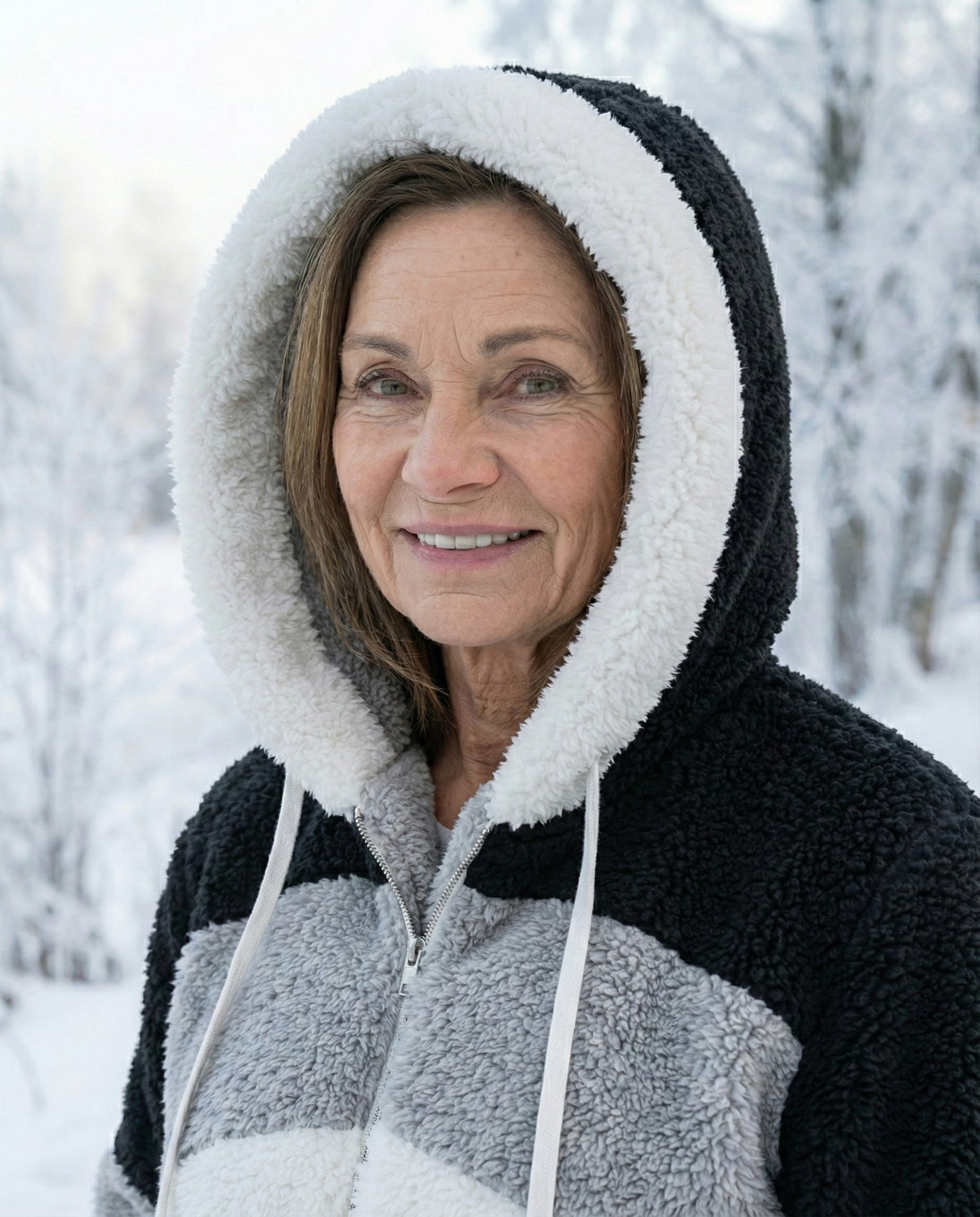 Colourblock plush jacket in dark and light gray with sherpa hood and drawstring