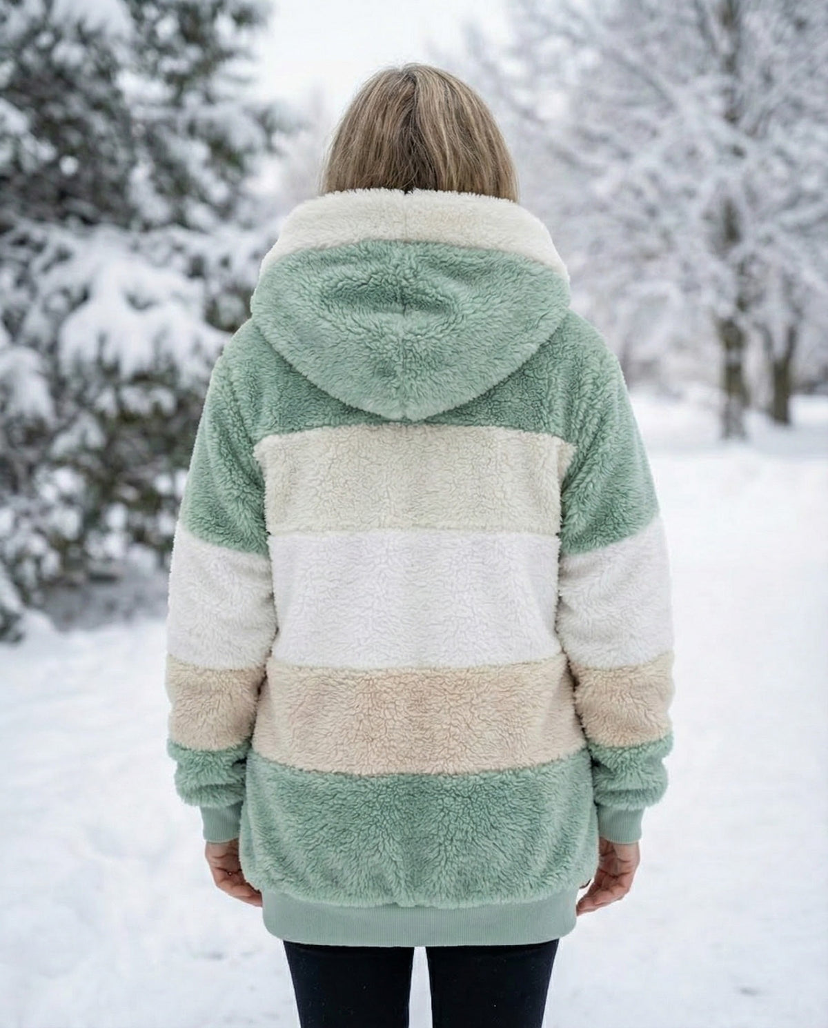 Back view of plush colorblock jacket in sage green and cream with hood