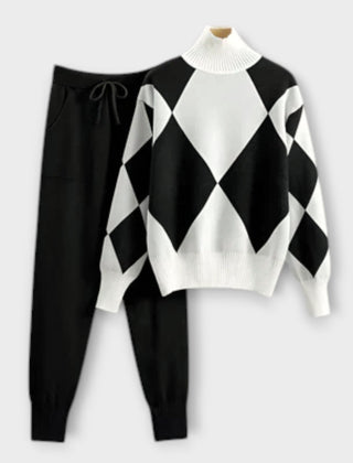 Black sweater-and-jogger set with white diamond argyle knit pullover and cuffed pants