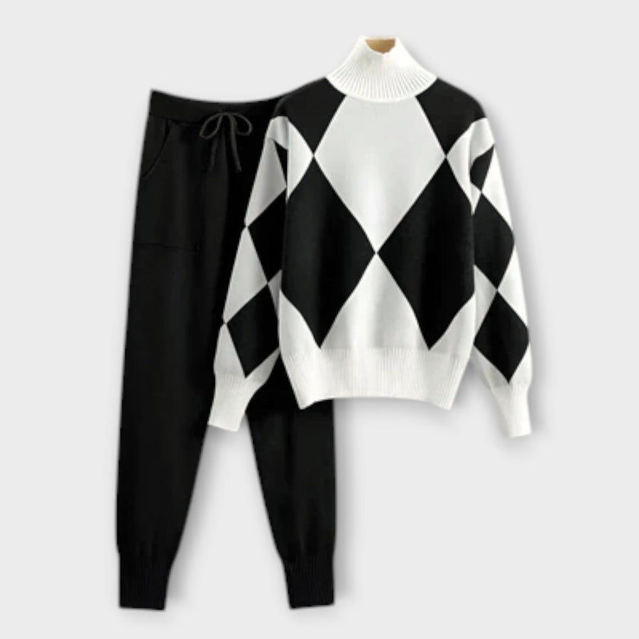Black sweater-and-jogger set with white diamond argyle knit pullover and cuffed pants
