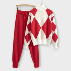 Red sweater-and-jogger set with white diamond argyle knit pullover and cuffed pants
