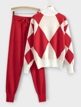 Red sweater-and-jogger set with white diamond argyle knit pullover and cuffed pants