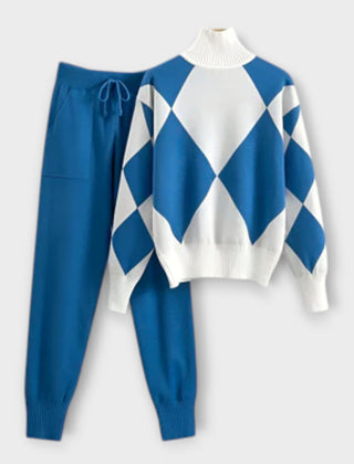 Blue sweater-and-jogger set with white diamond argyle knit pullover and cuffed pants