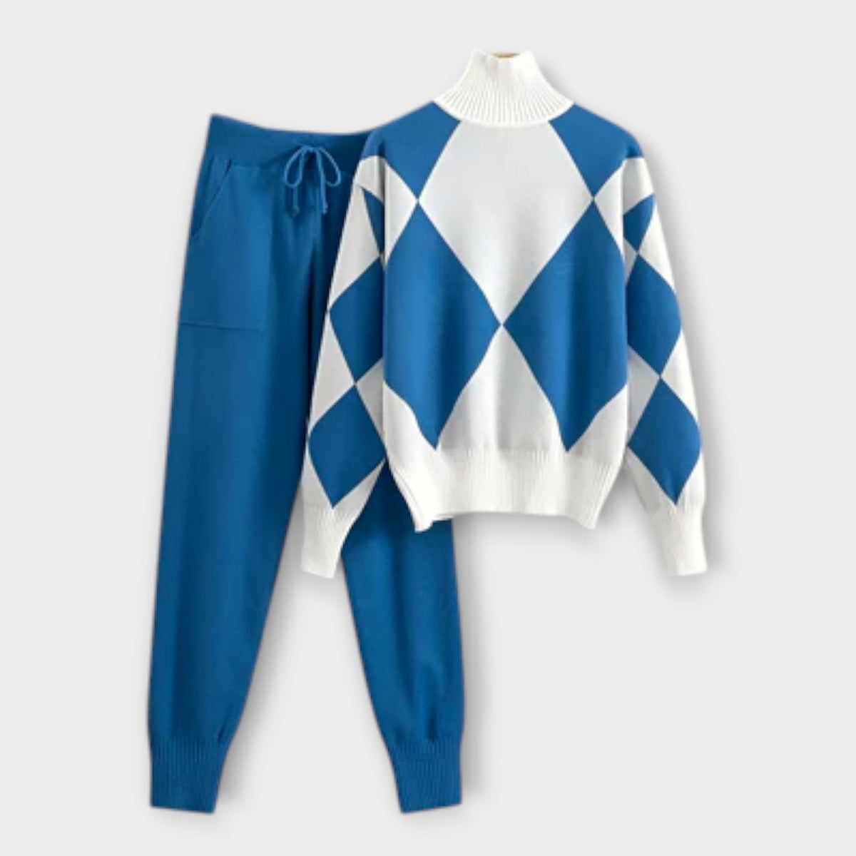 Blue sweater-and-jogger set with white diamond argyle knit pullover and cuffed pants
