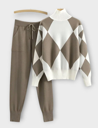 Beige sweater-and-jogger set with white diamond argyle knit pullover and cuffed pants