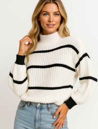 White ribbed stand-neck jumper with bold black horizontal stripes