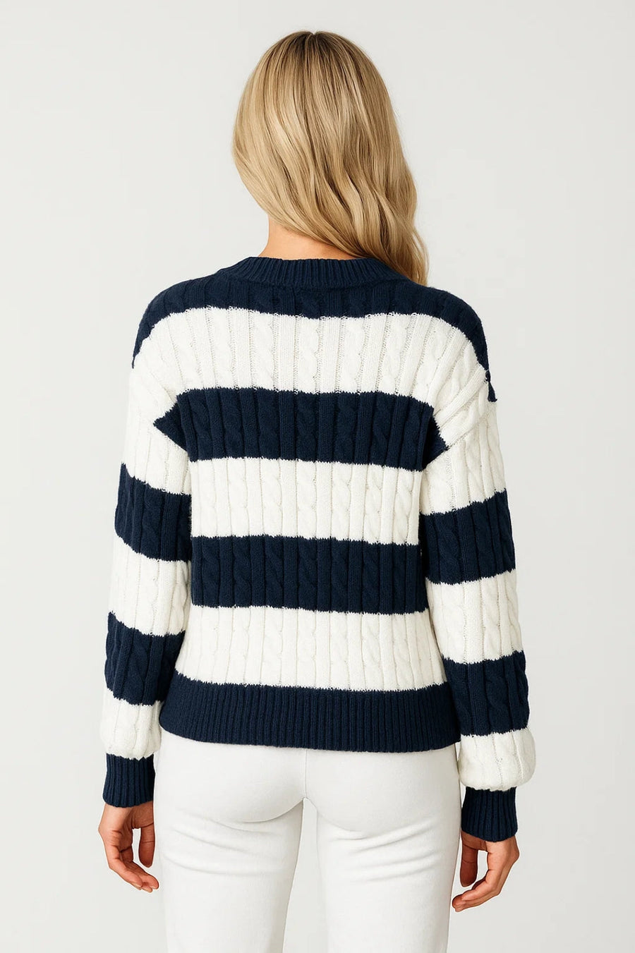 Dark blue and white V-neck cable knit striped jumper, back view