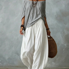 Gray off-shoulder top and white lantern trousers set