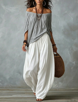 Gray off-shoulder top and white lantern trousers set