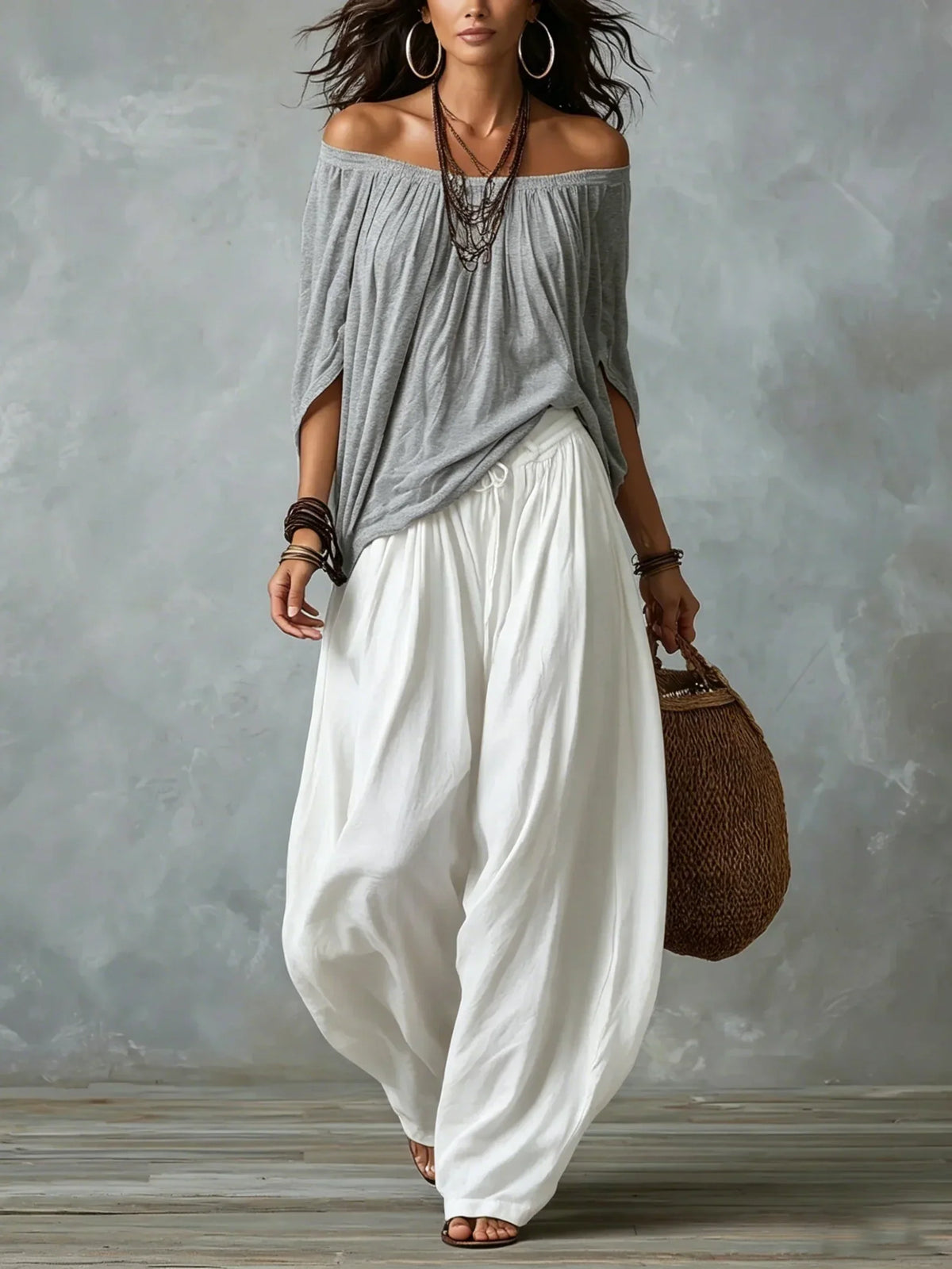 Gray off-shoulder top and white lantern trousers set