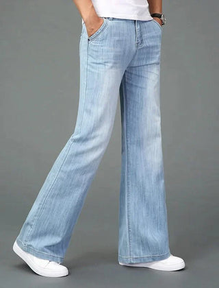 Light blue flare boot cut jeans with five-pocket front and straight waistband