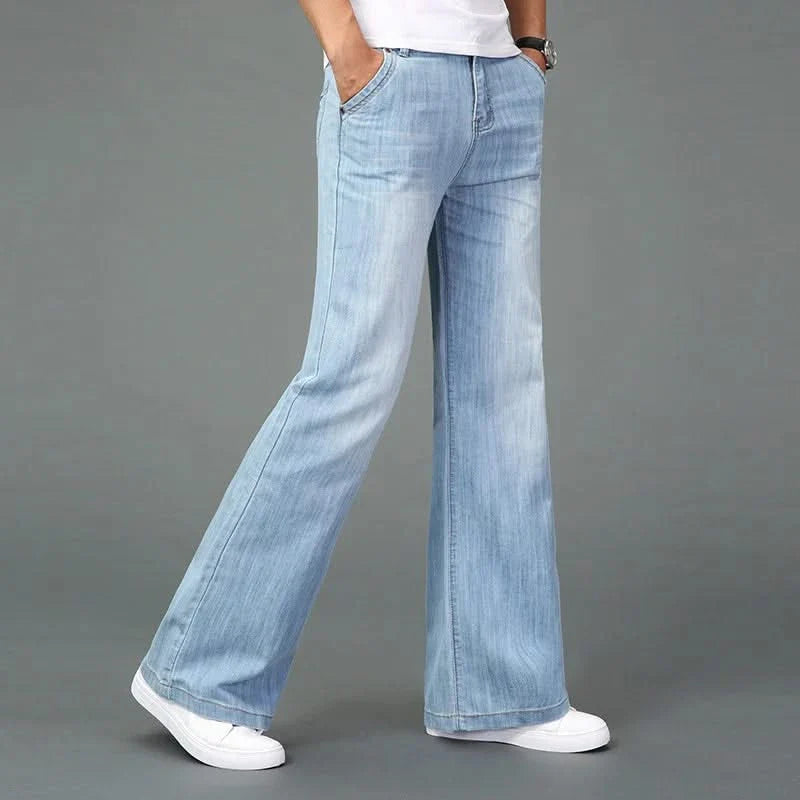Light blue flare boot cut jeans with five-pocket front and straight waistband
