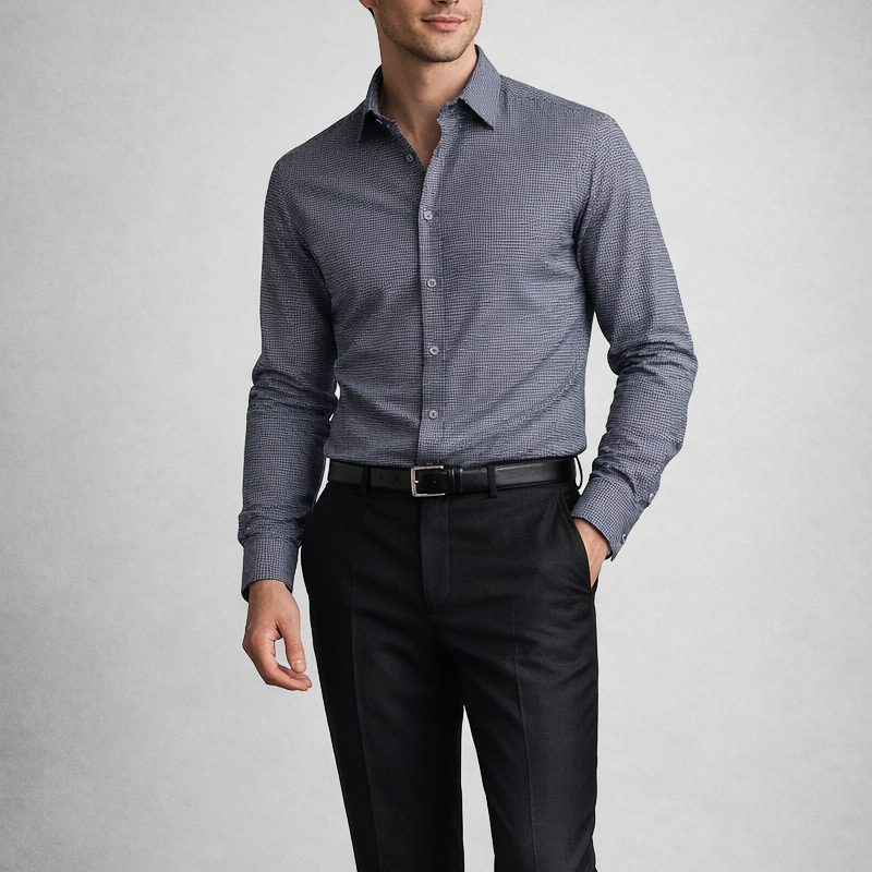KINGSMERE patterned shirt worn, dark blue-grey button-down collar and dark buttons
