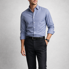 KINGSMERE patterned shirt worn, light blue button-down collar with white buttons