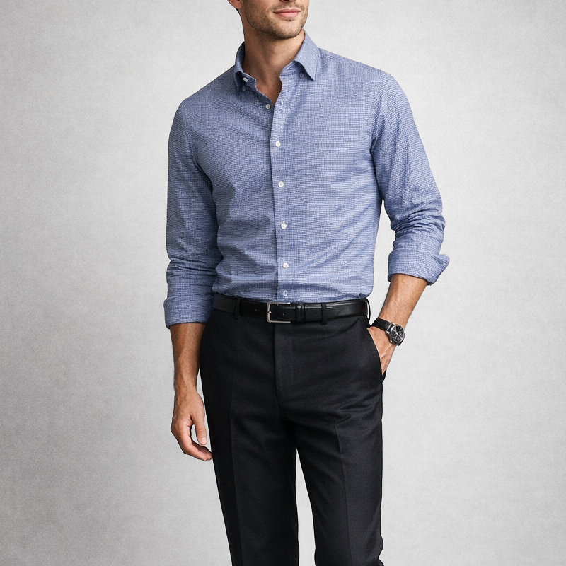 KINGSMERE patterned shirt worn, light blue button-down collar with white buttons