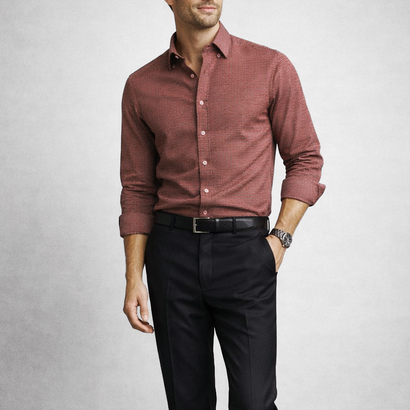 KINGSMERE patterned shirt worn, red button-down collar with dark buttons