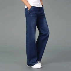 Navy blue flare boot cut jeans with front pockets and tapered-to-flare leg