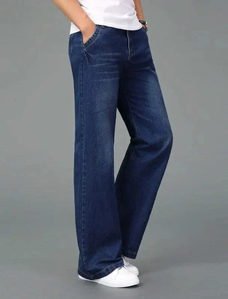 Navy blue flare boot cut jeans with front pockets and tapered-to-flare leg