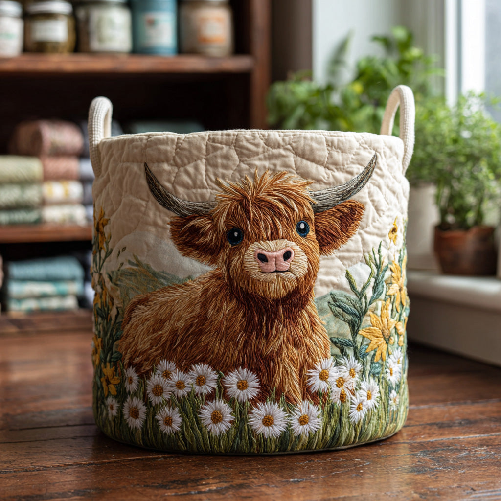 Highland Charm fabric laundry basket with Highland cow print, top handles