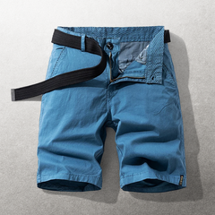 Blue cotton shorts with belt loops, front button closure, and side pockets