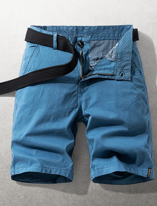 Blue cotton shorts with belt loops, front button closure, and side pockets