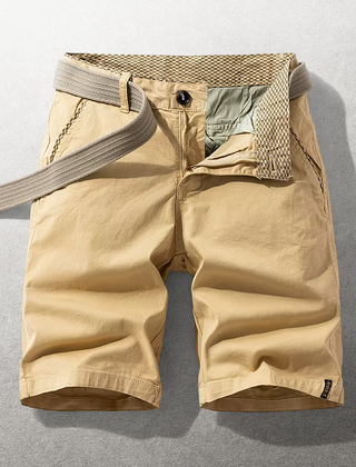 Khaki cotton shorts with belt loops, front button closure, and side pockets