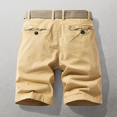 Khaki cotton shorts, flat front with belt loops and stitched pockets