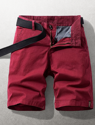 Maroon cotton shorts with belt loops, front button closure, and side pockets