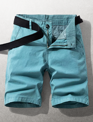 Teal cotton shorts with belt loops, front button closure, and side pockets