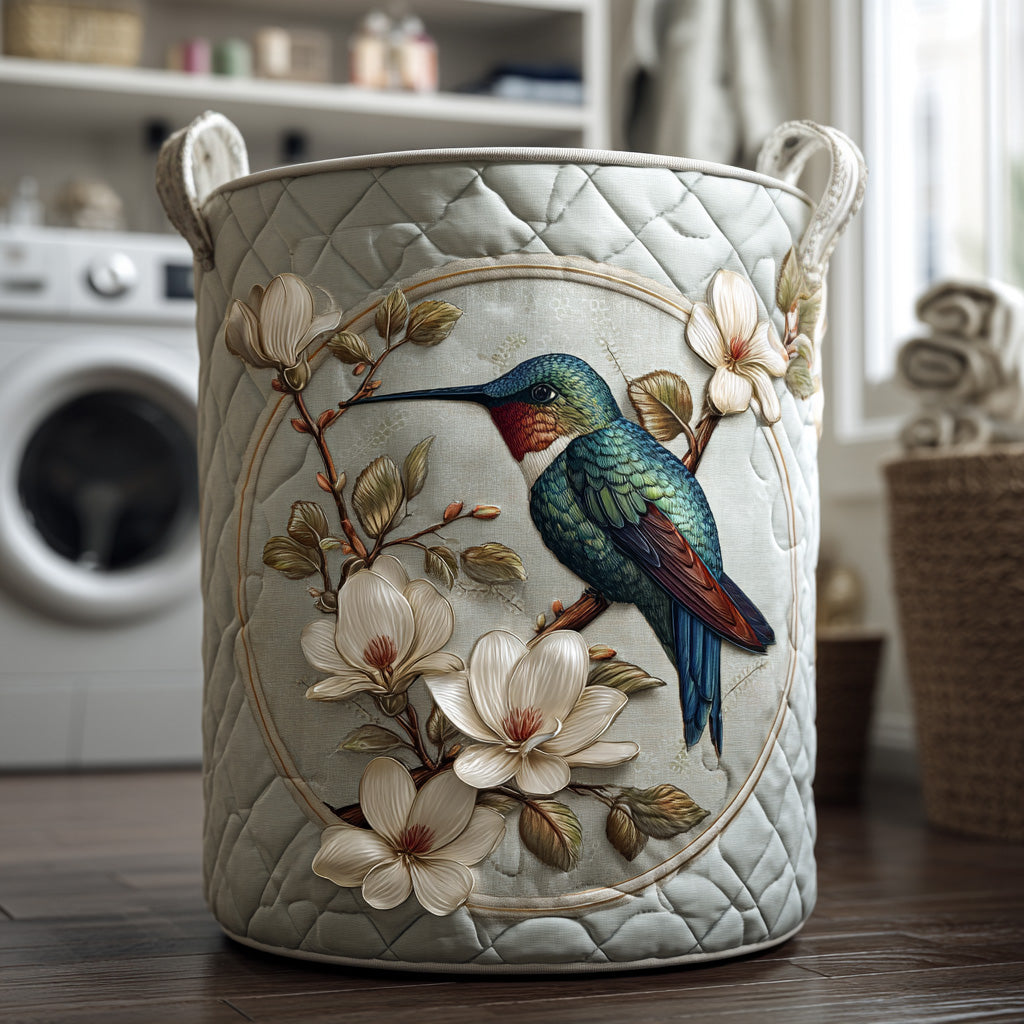 Quilted fabric laundry basket with hummingbird and magnolia floral applique, round handles