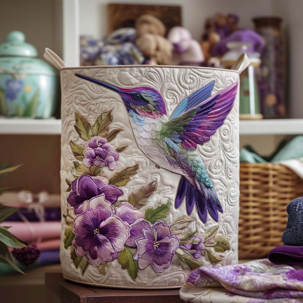 Embroidered laundry basket with hummingbird and purple flowers on beige fabric
