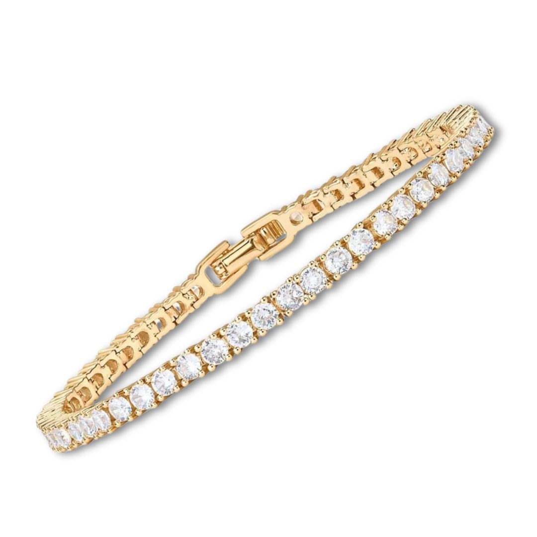 Gold-tone tennis bracelet with sparkling round stones and hinged clasp detail
