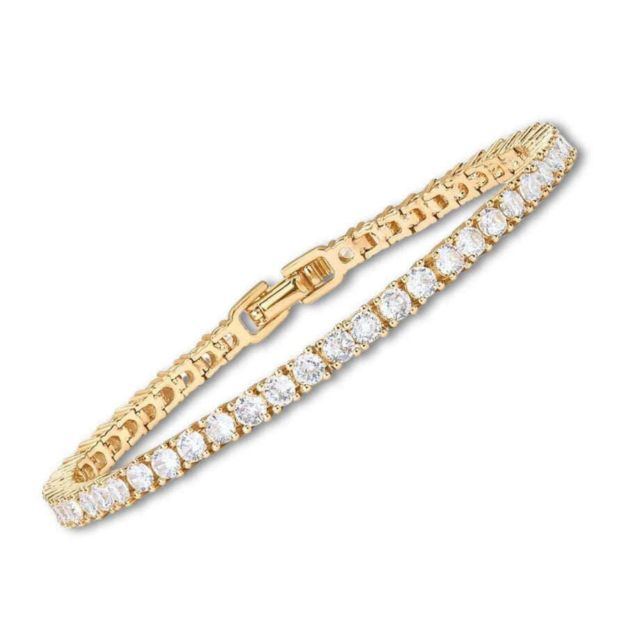 Gold-tone tennis bracelet with sparkling round stones and hinged clasp detail