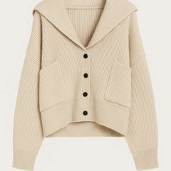 Light beige hooded knit cardigan with button front, chest patch pockets, ribbed trim