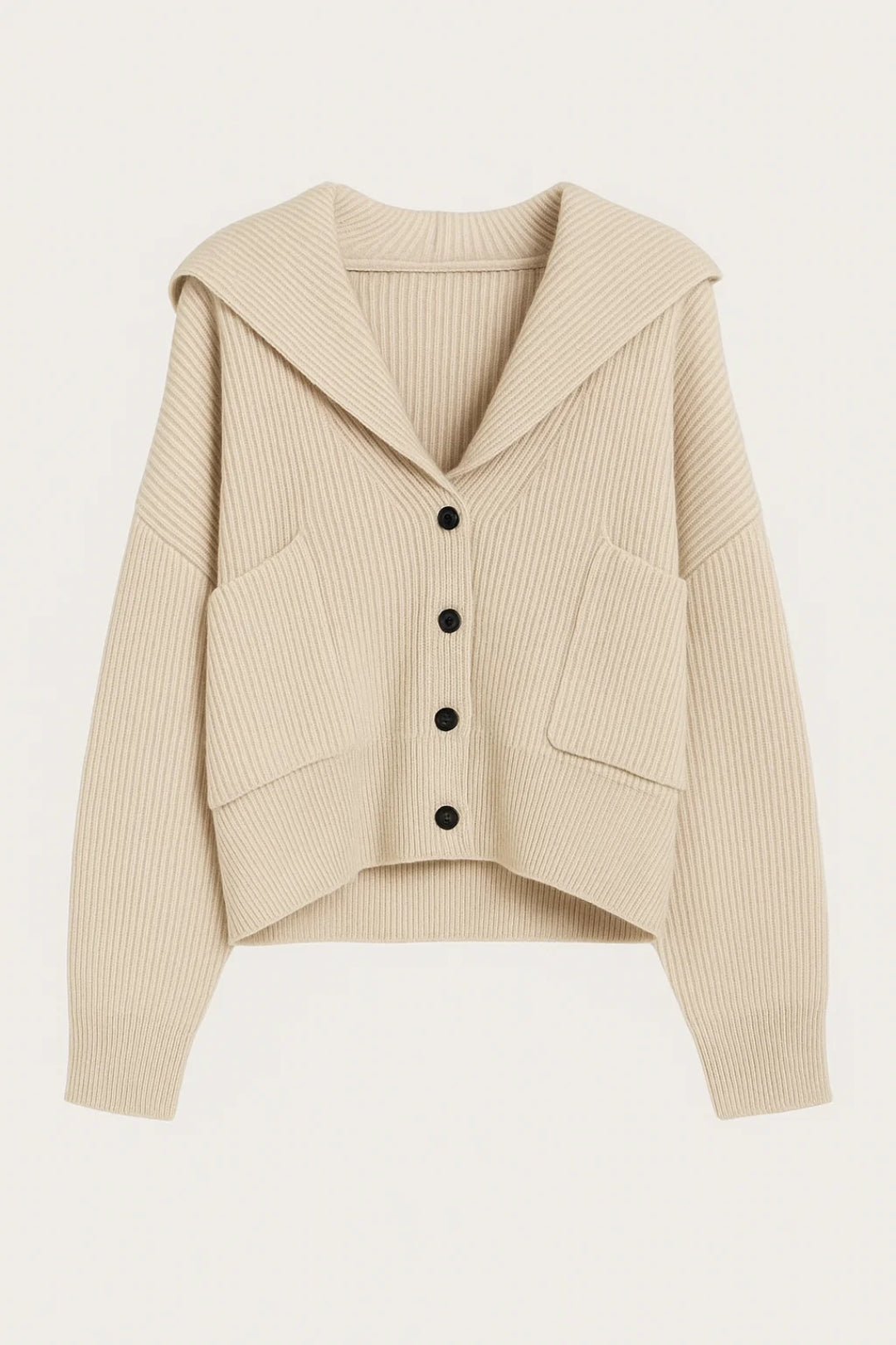 Light beige hooded knit cardigan with button front, chest patch pockets, ribbed trim