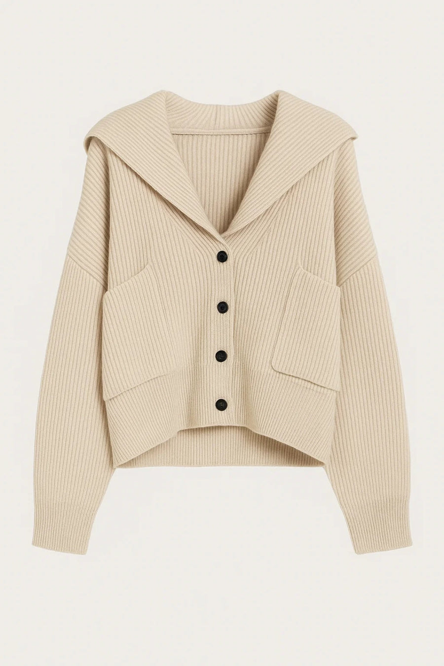 Light beige hooded knit cardigan with button front, chest patch pockets, ribbed trim