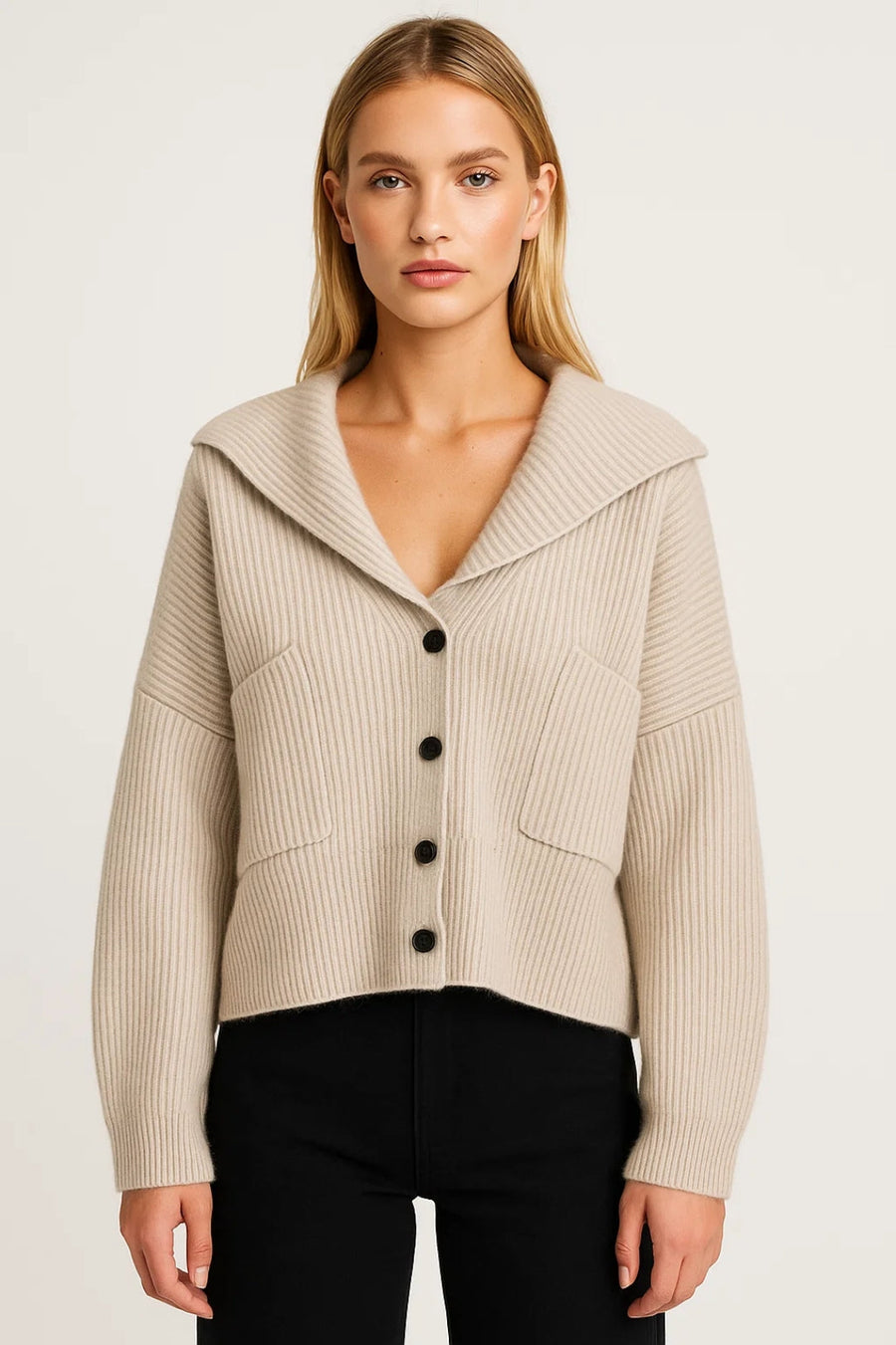 Light beige deep V-neck knit cardigan with button front and two side pockets