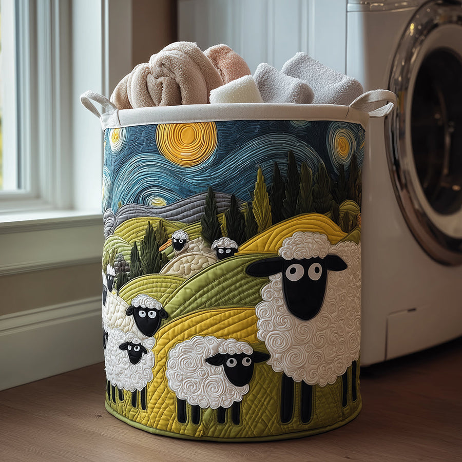 Fabric laundry basket with quilted sheep print, round with twin side handles and towel top.