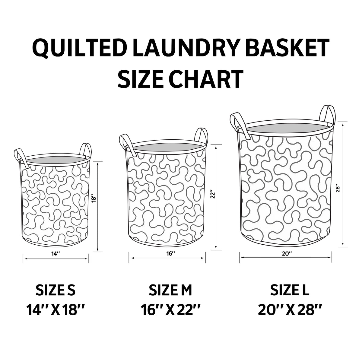 Quilted laundry basket size chart with size S, M, and L measurements diagram
