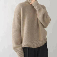 Beige soft knit high-neck jumper with ribbed collar and cuffs, long sleeves